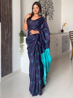 Akhilam - Womens Cotton Navy Blue Printed Designer Saree with Unstitched Blouse