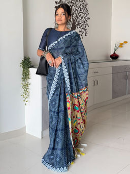 Akhilam - Womens Cotton Navy Blue Printed Designer Saree with Unstitched Blouse