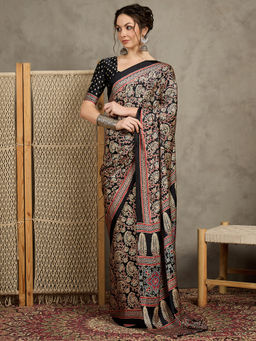 Akhilam - Womens Pure Crepe Black Printed Designer Saree with Unstitched Blouse