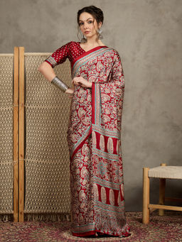 Akhilam - Womens Pure Crepe Red Printed Designer Saree with Unstitched Blouse