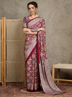 Akhilam - Womens Pure Crepe Maroon Printed Designer Saree with Unstitched Blouse