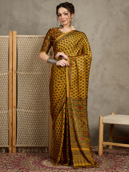 Akhilam - Womens Pure Crepe Mustard Printed Designer Saree with Unstitched Blouse