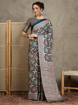 Akhilam - Womens Pure Crepe Teal Printed Designer Saree with Unstitched Blouse