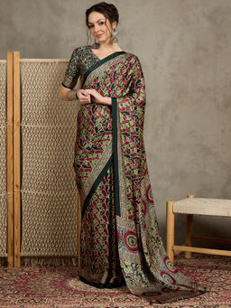 Akhilam - Womens Pure Crepe Green Printed Designer Saree with Unstitched Blouse