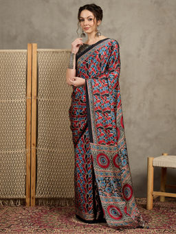 Akhilam - Womens Pure Crepe Black Printed Designer Saree with Unstitched Blouse