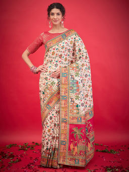 Akhilam - Womens Viscose Silk Cream Woven Design Saree with Unstitched Blouse