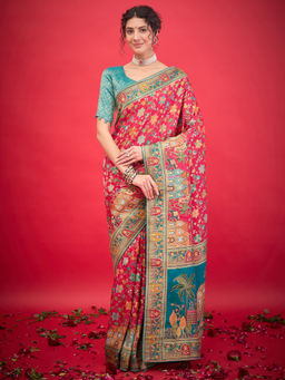 Akhilam - Womens Viscose Silk Pink Woven Design Saree with Unstitched Blouse