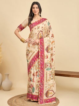 Akhilam - Womens Viscose Silk Cream Woven Design Saree with Unstitched Blouse