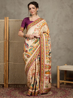 Akhilam - Womens Viscose Silk Cream Woven Design Saree with Unstitched Blouse