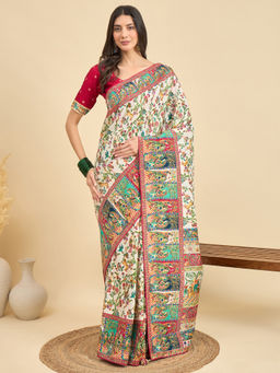 Akhilam - Womens Viscose Silk Cream Woven Design Saree with Unstitched Blouse