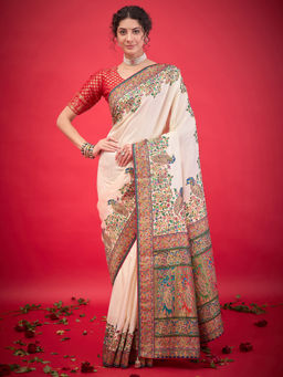 Akhilam - Womens Viscose Silk Cream Woven Design Saree with Unstitched Blouse