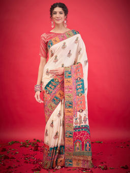 Akhilam - Womens Viscose Silk Cream Woven Design Saree with Unstitched Blouse