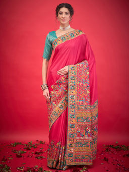 Akhilam - Womens Viscose Silk Pink Woven Design Saree with Unstitched Blouse