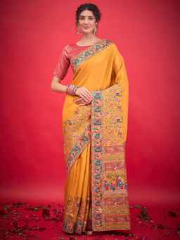 Akhilam - Womens Viscose Silk Mustard Woven Design Saree with Unstitched Blouse