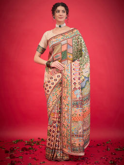 Akhilam - Womens Viscose Silk Beige Woven Design Saree with Unstitched Blouse