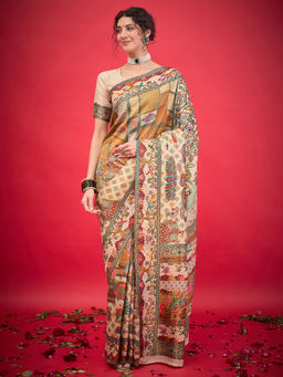 Akhilam - Womens Viscose Silk Cream Woven Design Saree with Unstitched Blouse