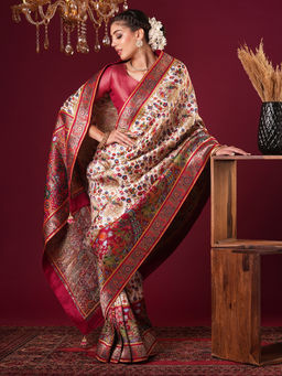 Akhilam - Womens Viscose Silk Cream Woven Design Saree with Unstitched Blouse