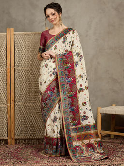 Akhilam - Womens Viscose Silk Cream Woven Design Saree with Unstitched Blouse