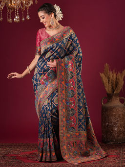 Akhilam - Womens Viscose Silk Navy Blue Woven Design Saree with Unstitched Blouse