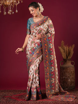 Akhilam - Womens Viscose Silk Cream Woven Design Saree with Unstitched Blouse