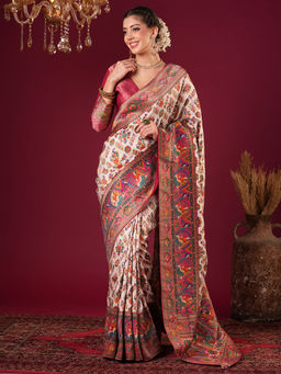 Akhilam - Womens Viscose Silk Cream Woven Design Saree with Unstitched Blouse