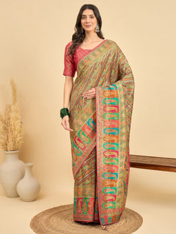 Akhilam - Womens Viscose Silk Green Woven Design Saree with Unstitched Blouse