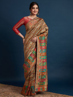 Akhilam - Womens Viscose Silk Cream Woven Design Saree with Unstitched Blouse