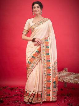 Akhilam - Womens Viscose Silk Cream Woven Design Saree with Unstitched Blouse