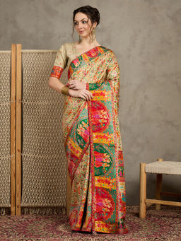 Akhilam - Womens Viscose Silk Beige Woven Design Saree with Unstitched Blouse