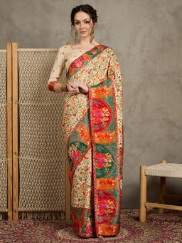 Akhilam - Womens Viscose Silk Cream Woven Design Saree with Unstitched Blouse