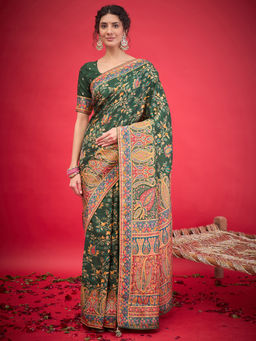 Akhilam - Womens Viscose Silk Green Woven Design Saree with Unstitched Blouse