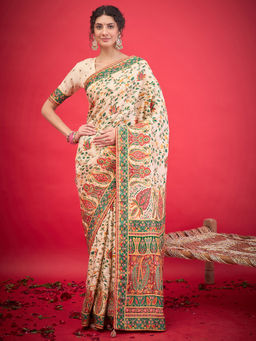 Akhilam - Womens Viscose Silk Cream Woven Design Saree with Unstitched Blouse