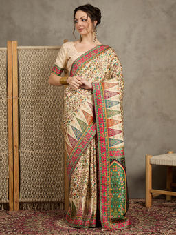 Akhilam - Womens Viscose Silk Cream Woven Design Saree with Unstitched Blouse