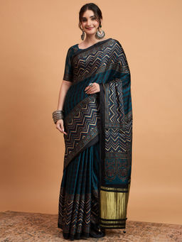 Akhilam - Womens Viscose Silk Teal Printed Designer Saree with Unstitched Blouse