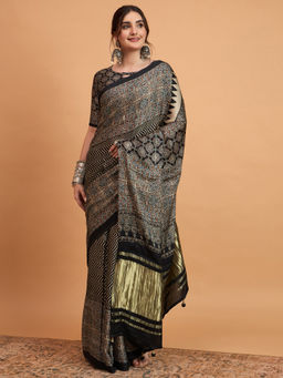 Akhilam - Womens Viscose Silk Black Printed Designer Saree with Unstitched Blouse