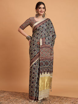 Akhilam - Womens Viscose Silk Beige Printed Designer Saree with Unstitched Blouse