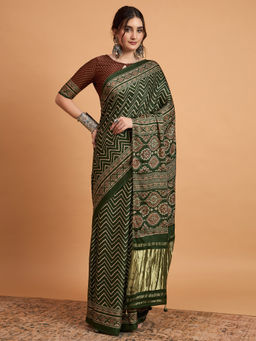Akhilam - Womens Viscose Silk Green Printed Designer Saree with Unstitched Blouse