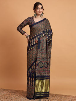 Akhilam - Womens Viscose Silk Navy Blue Printed Designer Saree with Unstitched Blouse