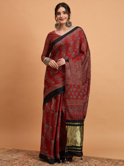 Akhilam - Womens Viscose Silk Maroon Printed Designer Saree with Unstitched Blouse