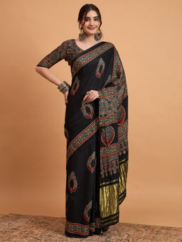 Akhilam - Womens Viscose Silk Black Printed Designer Saree with Unstitched Blouse