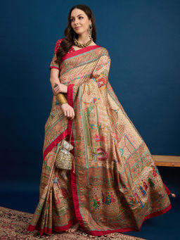 Akhilam - Womens Dola Silk Beige Woven Design Saree with Unstitched Blouse