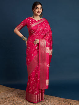 Akhilam - Womens Silk Blend Pink Printed Designer Saree with Unstitched Blouse