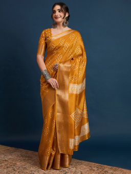 Akhilam - Womens Silk Blend Mustard Printed Designer Saree with Unstitched Blouse
