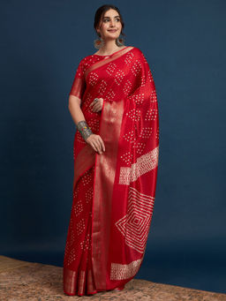 Akhilam - Womens Silk Blend Red Printed Designer Saree with Unstitched Blouse