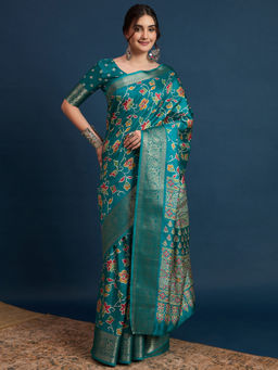 Akhilam - Womens Silk Blend Light Blue Printed Designer Saree with Unstitched Blouse