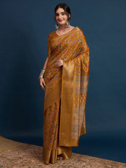 Akhilam - Womens Silk Blend Mustard Printed Designer Saree with Unstitched Blouse