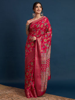 Akhilam - Womens Silk Blend Pink Printed Designer Saree with Unstitched Blouse