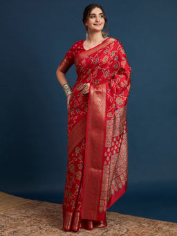Akhilam - Womens Silk Blend Red Printed Designer Saree with Unstitched Blouse