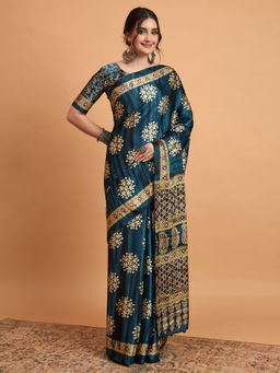 Akhilam - Womens Pure Crepe Teal Printed Designer Saree with Unstitched Blouse