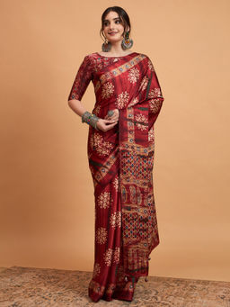 Akhilam - Womens Pure Crepe Maroon Printed Designer Saree with Unstitched Blouse